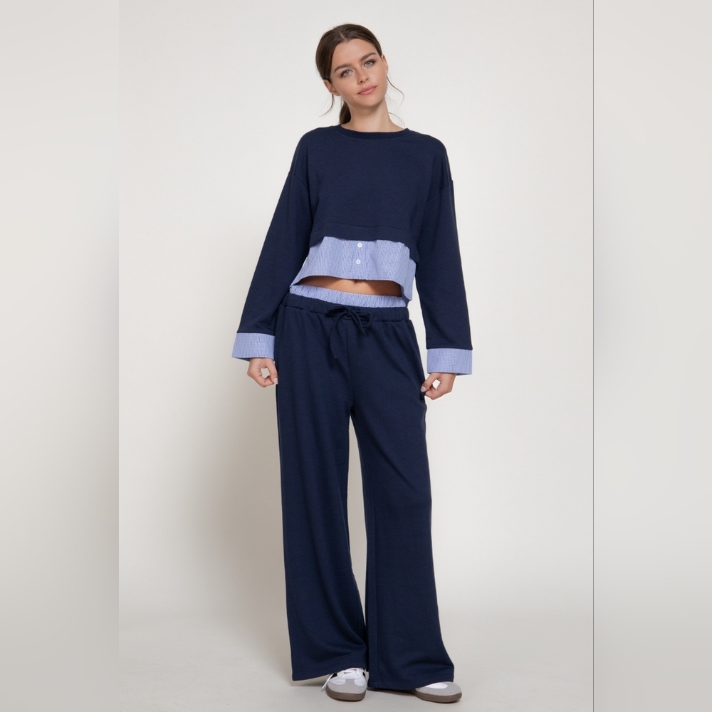 Active USA Navy Knit 2-Piece Set - Layered Look Crop Top & Wide Leg Pants